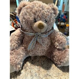 Burton + Burton Brown Shaggy Plush Teddy Bear Plaid Ribbon Bow 9730282